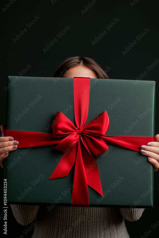 closeup woman carrying a huge christmas green gift box wrapped in a red ribbon, a happy woman holding a big square dark green cardboard box with a red bow on it, solid studio background closeup woman carrying a huge christmas green gift box wrapped in a red ribbon, a happy woman holding a big square dark green cardboard box with a red bow on it, solid studio background