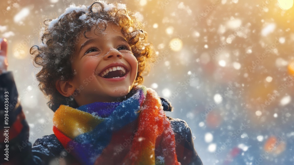 Fototapeta premium Joyful boy with curly hair playing in snow with vibrant scarf