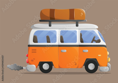 Side view flat cartoon old passenger van. Retro travel van with bags. Transport vehicle illustration.