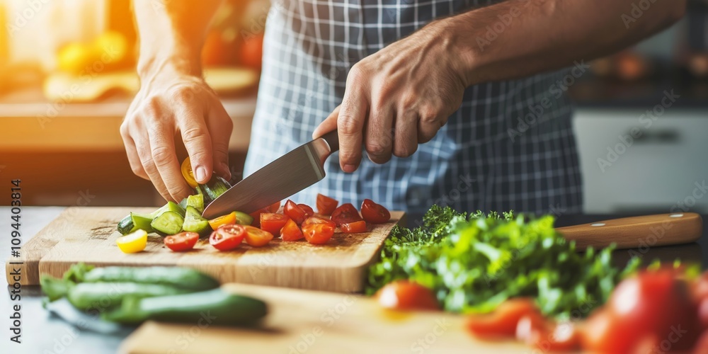 Hands chopping fresh vegetables on a wooden cutting board, healthy lifestyle, vibrant colors, Generation Z focus on nutrition, home cooking, natural ingredients, selective focus
Hands chopping fresh vegetables on a wooden cutting board, healthy lifestyle, vibrant colors, Generation Z focus on nutrition, home cooking, natural ingredients, selective focus