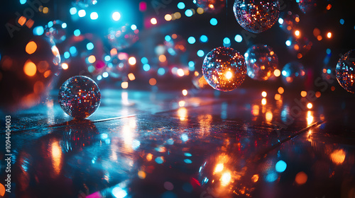 A large disco-themed New Years party with shimmering metallic decorations strobe lights and a lively dance floor.