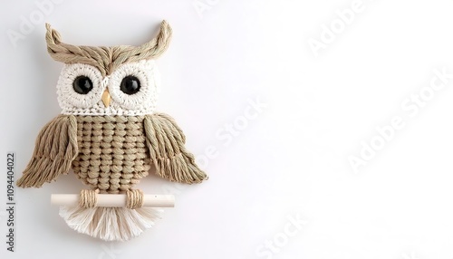 Macrame owl wall hanging, made of knotted rope, wood beads, and sticks is a form of textile produced using knotting rather than weaving or knitting techniques. Popular in the 1960s and 1970s. Isolated photo