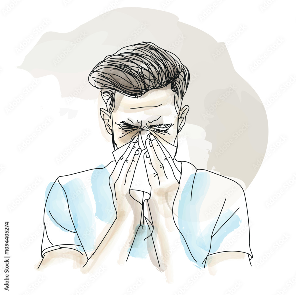 sick, cold man with runny nose, blows into a tissue, respiratory infection, virus, covid - vector illustration