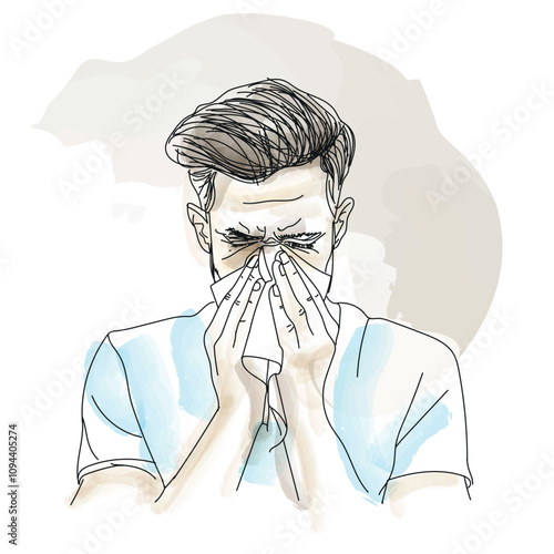 Obraz na płótnie sick, cold man with runny nose, blows into a tissue, respiratory infection, virus, covid - vector illustration w salonie