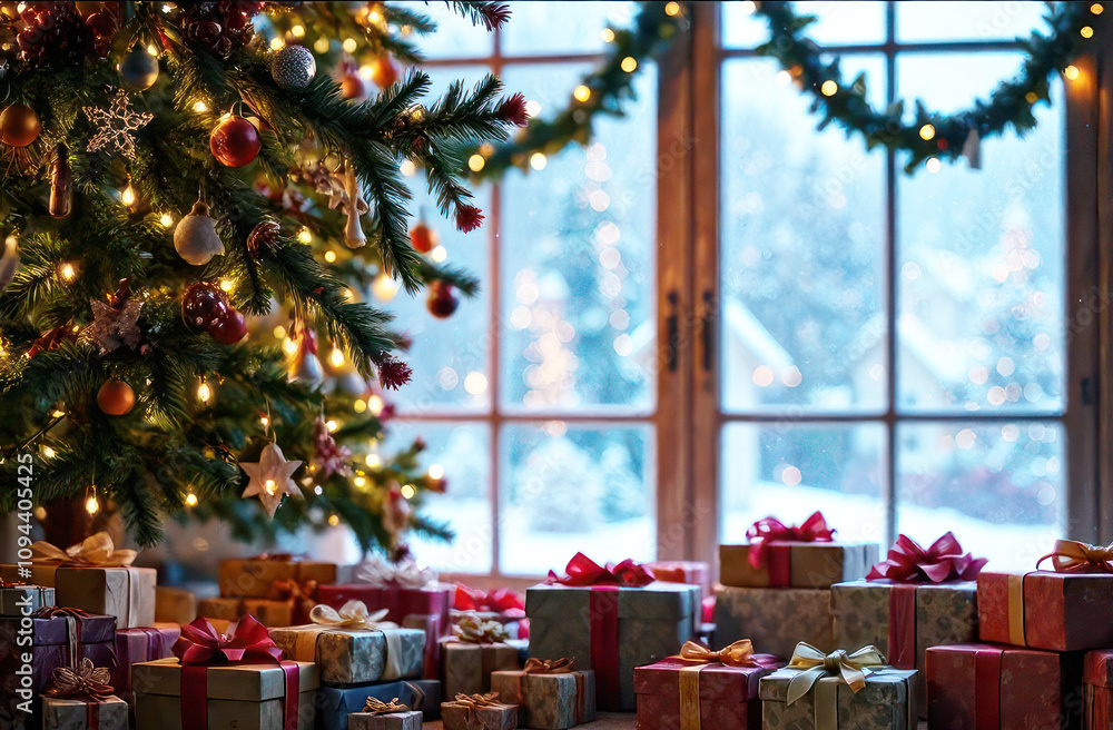 Christmas or New Year tree with Christmas tree decorations and lights and lots of presents in the room near the big window