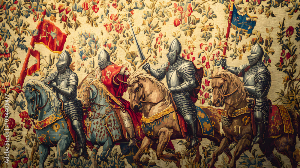 A majestic medieval tapestry depicting knights in battle woven with intricate detail and rich colors. A majestic medieval tapestry depicting knights in battle woven with intricate detail and rich colors.