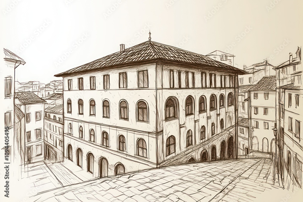 A sketch of a historic building in a narrow street, showcasing architectural details. A sketch of a historic building in a narrow street, showcasing architectural details.