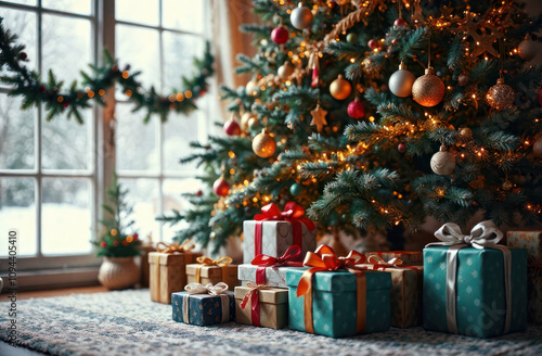 Christmas or New Year tree with Christmas tree decorations and lights and lots of presents in the room near the big window