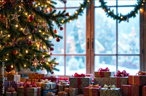 Christmas or New Year tree with Christmas tree decorations and lights and lots of presents in the room near the big window
