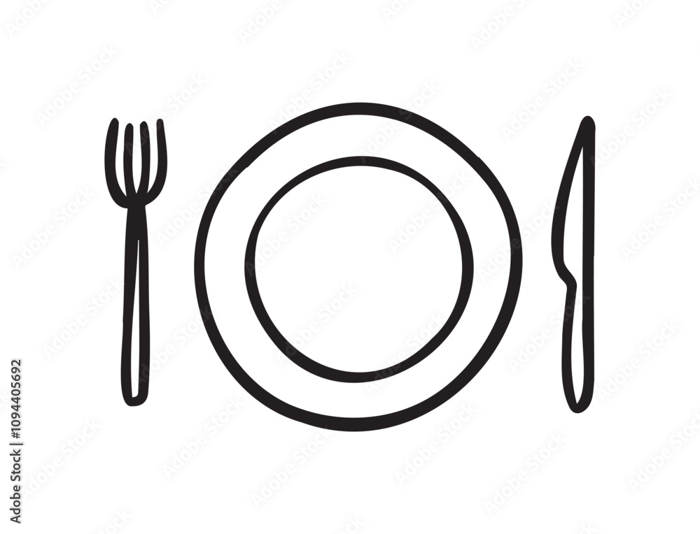 Knife, Fork, and Plate outline. Table Setting doodle hand drawn icons. Knife, Fork, and Plate outline. Table Setting doodle hand drawn icons.