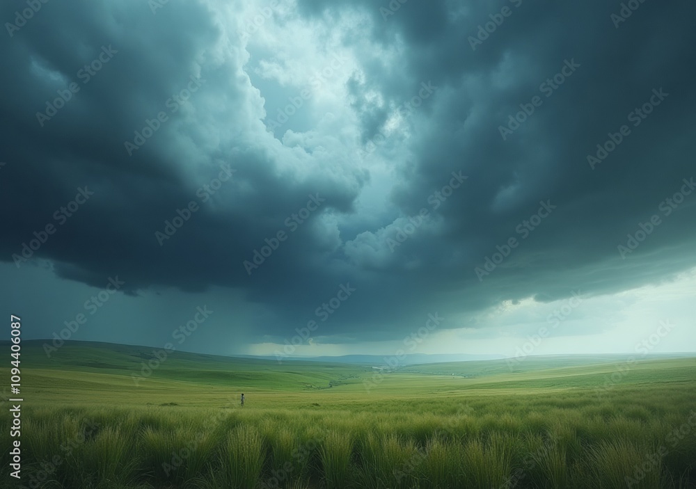 Dark storm clouds gather over a vast green landscape before a possible rainstorm Dark storm clouds gather over a vast green landscape before a possible rainstorm