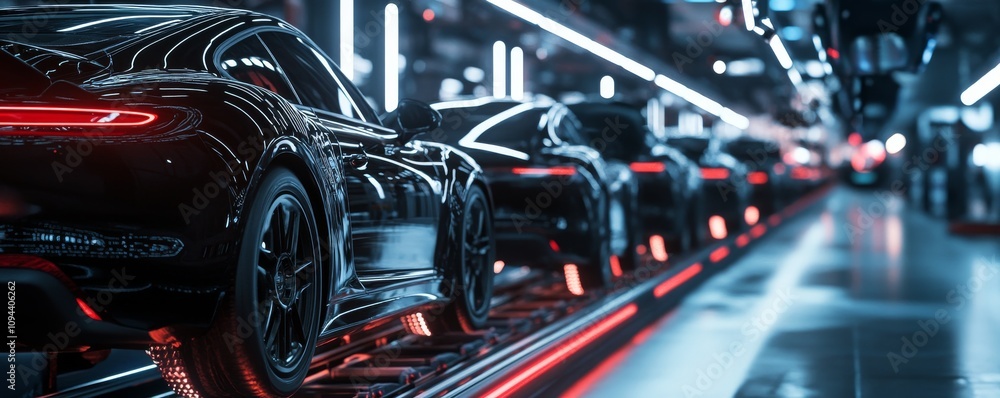 A car production line with black cars in the foreground A car production line with black cars in the foreground