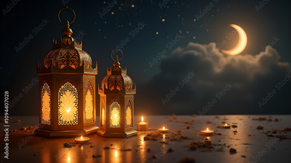 Fototapeta premium Ramadan Lantern Night Scene. Concept of Islamic celebration, peace, and spirituality.