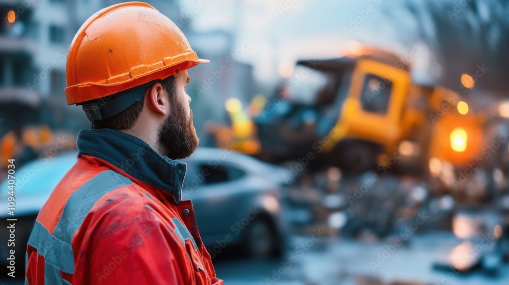 Construction Worker in Safety Gear Overseeing Demolition Site with Heavy Machinery and Debris in Urban Environment During Dusk or Dawn Light Conditions Construction Worker in Safety Gear Overseeing Demolition Site with Heavy Machinery and Debris in Urban Environment During Dusk or Dawn Light Conditions
