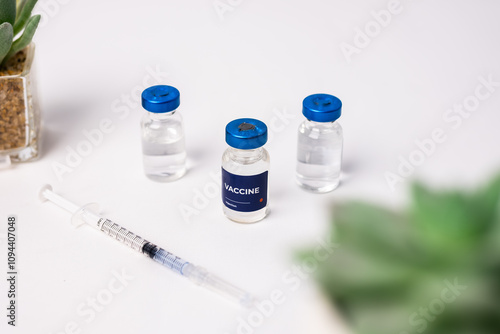 top view of some vaccines with ornamental plants on the table, inside the clinic room. health and medical concepts