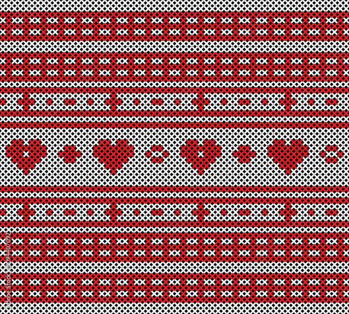 Cozy Knit Hearts Seamless Pattern: A classic wintery knit texture, featuring a repeating pattern of red hearts on a gray background. Perfect for cozy holiday projects, winter apparel.