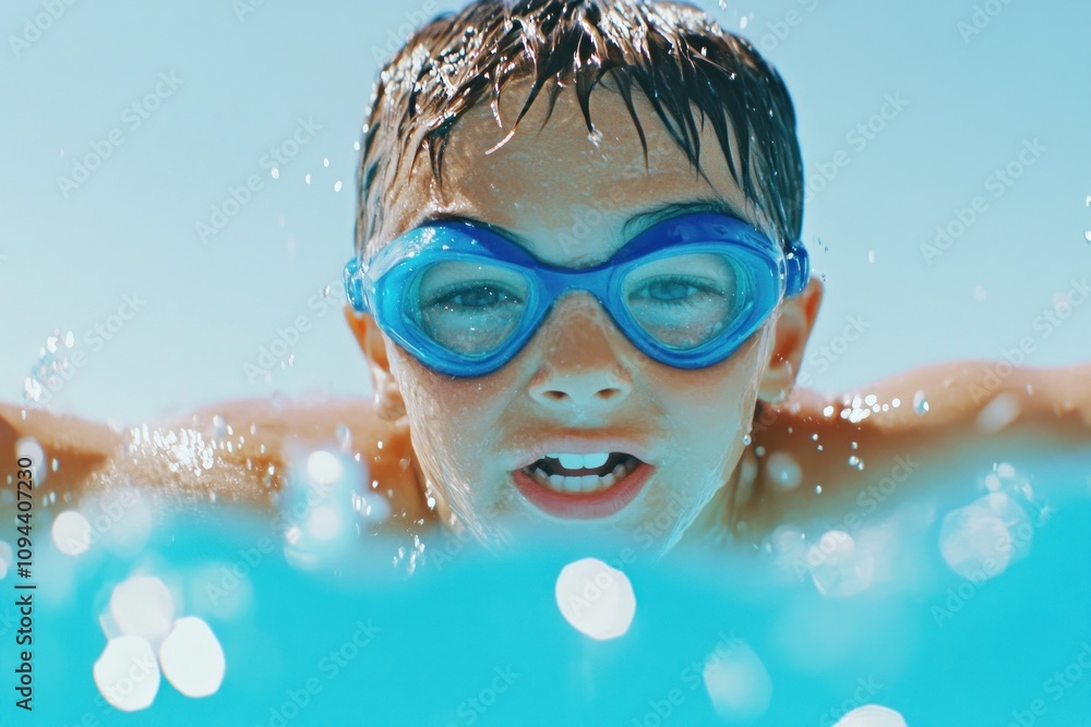 Naklejka premium Boy swimming with blue goggles up-close action shot