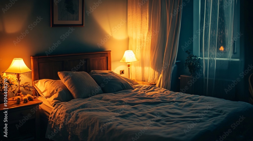 peaceful bedroom with soft lighting, calming decor, and cozy atmosphere. warm glow from lamps creates serene environment, perfect for relaxation and rest peaceful bedroom with soft lighting, calming decor, and cozy atmosphere. warm glow from lamps creates serene environment, perfect for relaxation and rest