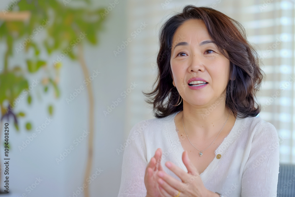 Asian female adult in a relaxed discussion setting with natural lighting Asian female adult in a relaxed discussion setting with natural lighting