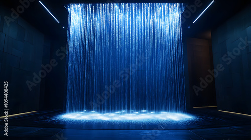 A mesmerizing LED waterfall installation with cascading beams of light simulating water flow. photo