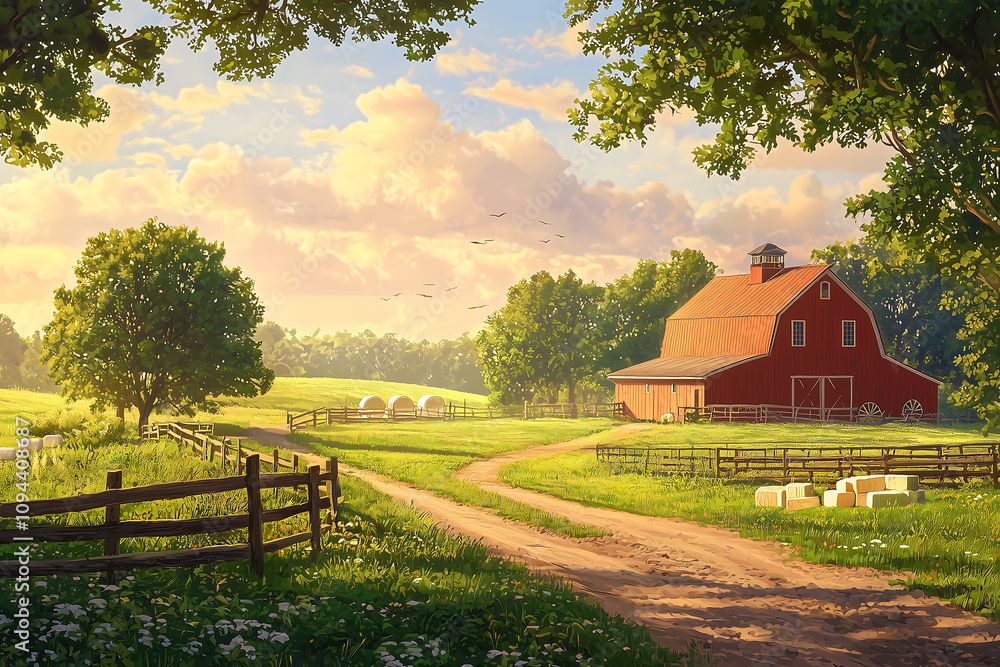 picturesque farm scene with classic red barn, lush green fields, and serene sky. tranquil setting evokes sense of peace and rural charm picturesque farm scene with classic red barn, lush green fields, and serene sky. tranquil setting evokes sense of peace and rural charm