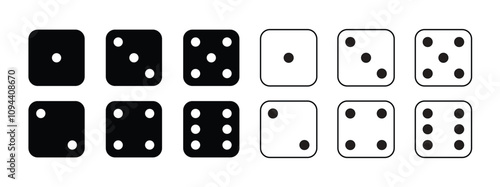 Game dice Icon with side of cube from one to six number. Set of black icon sided for gamble. Dot on cube of casino