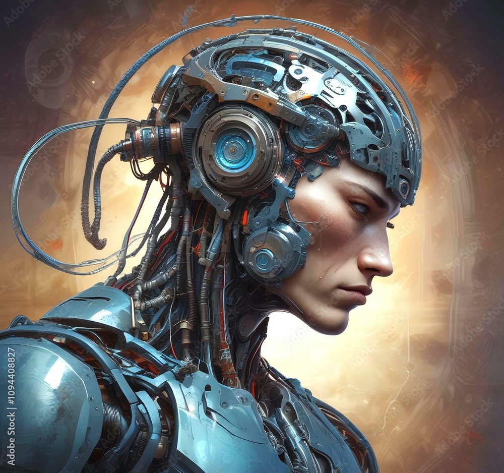 Technology illustration of cyborg with brain connections. Technology illustration of cyborg with brain connections.