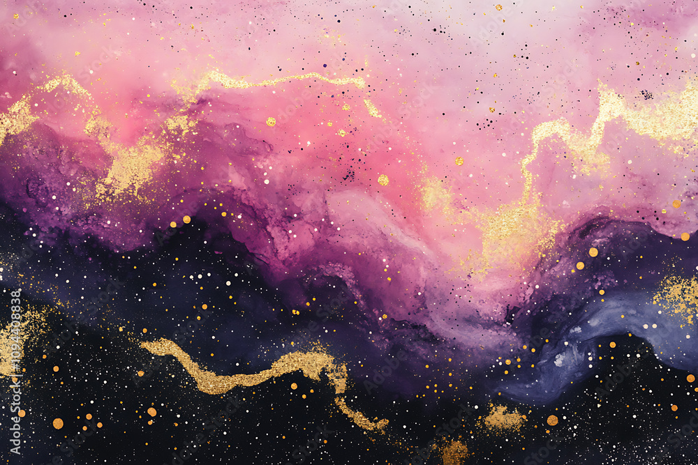 Vibrant cosmic abstract art featuring pink, purple, and gold hues against a black backdrop Vibrant cosmic abstract art featuring pink, purple, and gold hues against a black backdrop