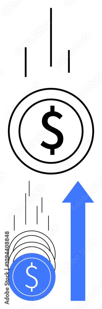 Coins with dollar signs fall and merge into a large blue upward arrow. Ideal for financial growth, investment success, economic progress, savings increase, revenue boost, profit rise, market trends Coins with dollar signs fall and merge into a large blue upward arrow. Ideal for financial growth, investment success, economic progress, savings increase, revenue boost, profit rise, market trends