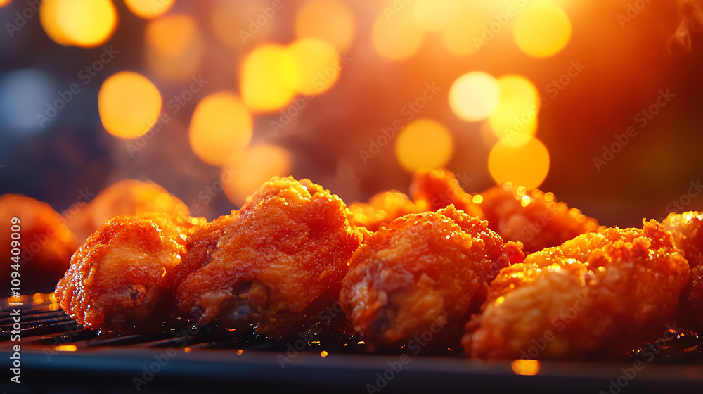 Closeup of golden crispy chicken wings, warm lighting, ultrarealistic, savory detail Closeup of golden crispy chicken wings, warm lighting, ultrarealistic, savory detail