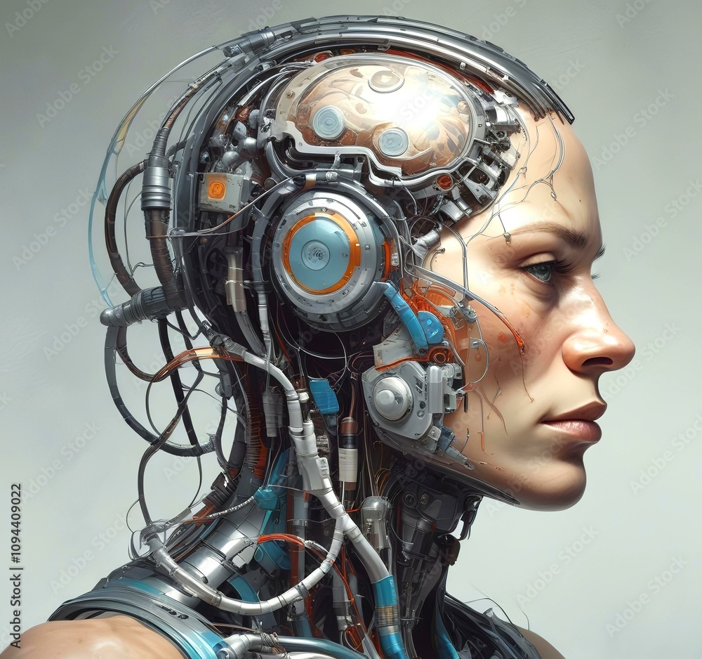 Technology illustration of cyborg with brain connections. Technology illustration of cyborg with brain connections.