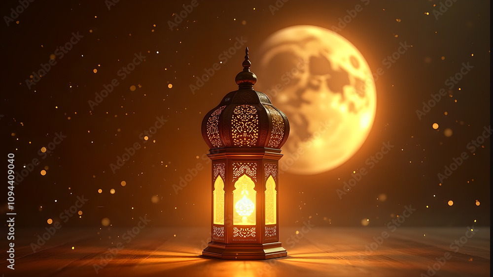Fototapeta premium Ramadan Lantern with Full Moon. Concept of Islamic Holy Month.