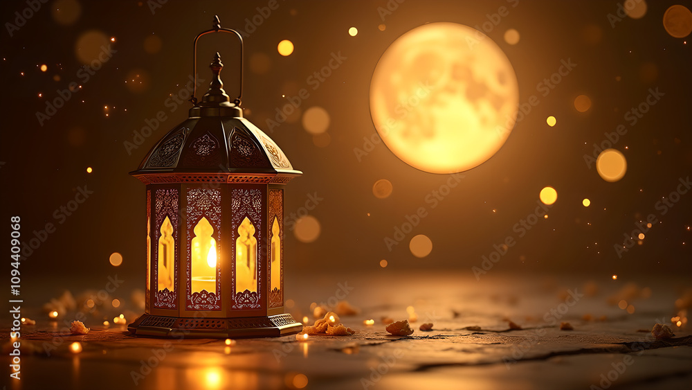 Ornate Lantern with Full Moon Background. Concept of Ramadan, Eid, and Islamic celebration. Ornate Lantern with Full Moon Background. Concept of Ramadan, Eid, and Islamic celebration.
