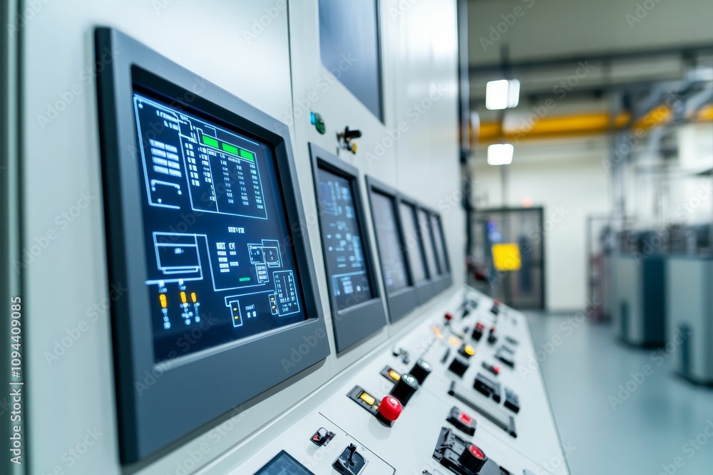 Industrial control panel with monitors and buttons. Industrial control panel with monitors and buttons.