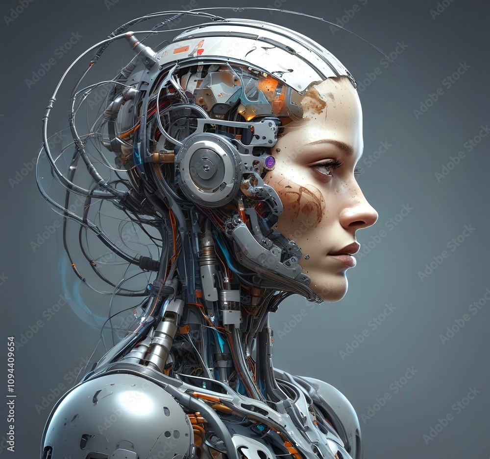 Technology illustration of cyborg with brain connections. Technology illustration of cyborg with brain connections.
