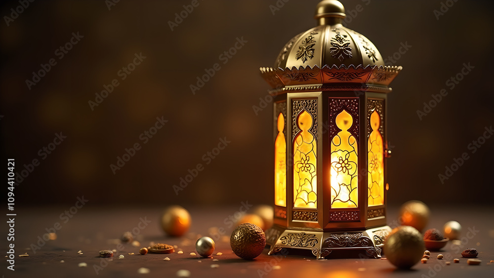 Ornate Ramadan Lantern with Warm Light. Concept of Islamic celebration and spirituality. Ornate Ramadan Lantern with Warm Light. Concept of Islamic celebration and spirituality.