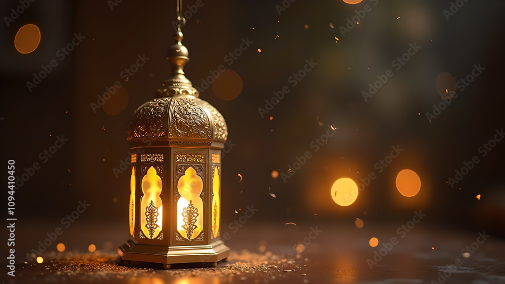 Fototapeta premium Ornate Ramadan Lantern with Warm Glow. Concept of Islamic celebration, spirituality, and hope.