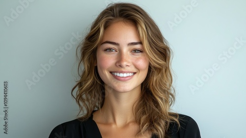 Portrait of a smiling young woman with wavy light brown hair against a light grey background.