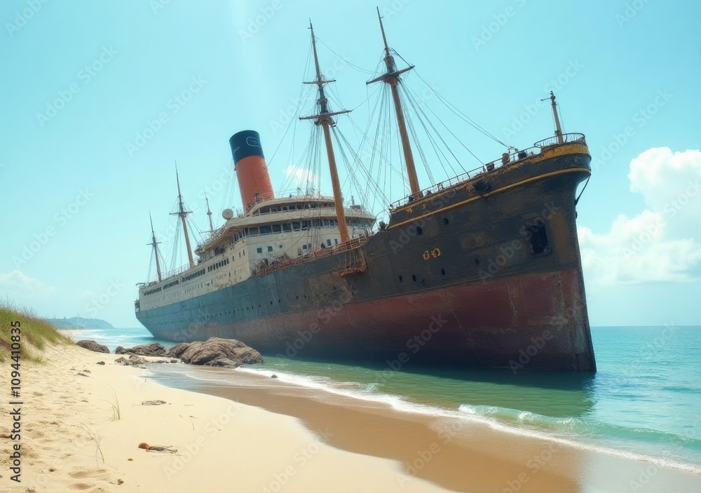 Historic shipwreck rests on sandy beach under blue sky at seaside location Historic shipwreck rests on sandy beach under blue sky at seaside location