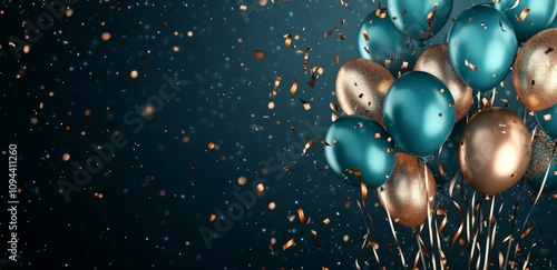 Wallpaper Mural Balloons and confetti on a dark background, in shades of golden, teal, and green Torontodigital.ca