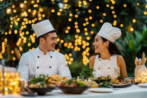 Chefs enjoying outdoor dinner under fairy lights theme photo