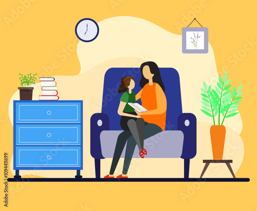 Family time concept. Mom is reading book to little daughter at home seated on a comfortable couch in the living room. Mom spending time with her kid. Flat vector illustration. 