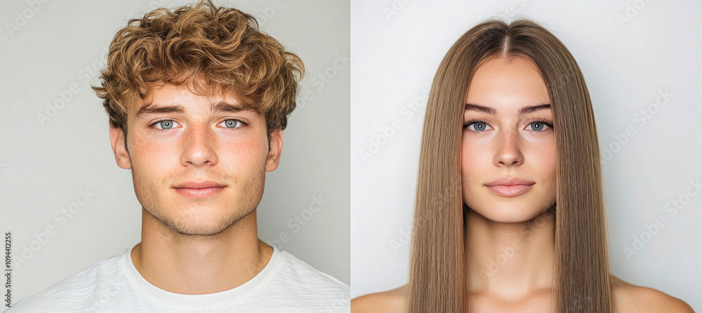 Studio portrait of confident young man and woman with healthy hair Studio portrait of confident young man and woman with healthy hair