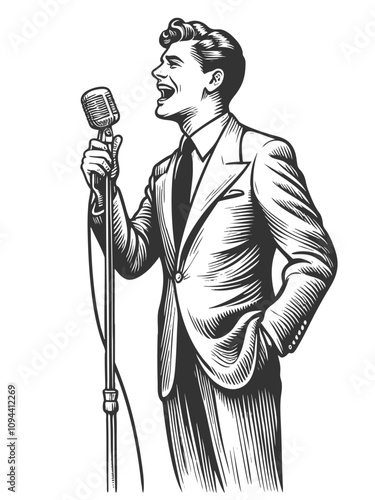 man in a suit performing stand-up comedy on stage, holding a classic microphone next to a stool sketch engraving generative ai vector illustration. Scratch board imitation. Black and white image.