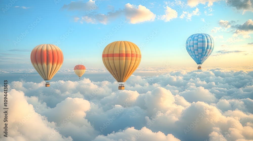Naklejka premium Four vibrant hot air balloons floating serenely among fluffy clouds during a beautiful sunrise.