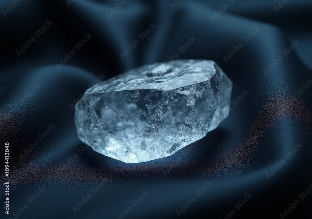 Clear crystalline stone illuminated by soft light against a dark background Clear crystalline stone illuminated by soft light against a dark background