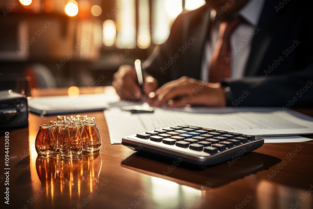 Fototapeta premium Financial Analysis with Calculator in Clean Workspace
