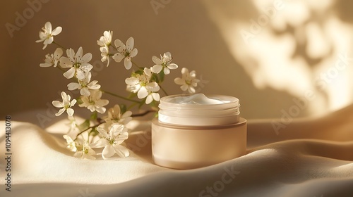 Creamy Skincare Product with Delicate Spring Blossoms in Soft Light. AI Generated