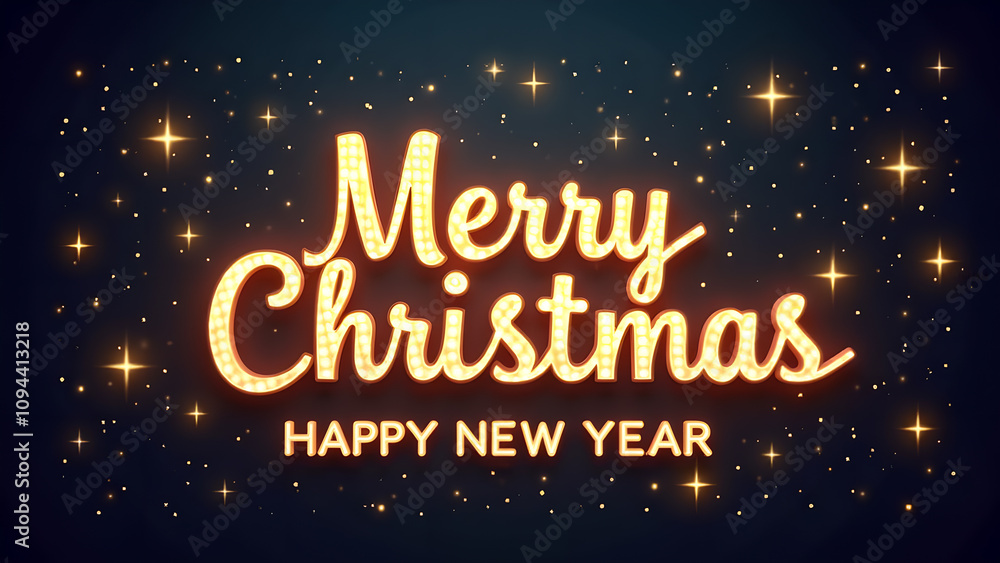 Merry Christmas and Happy New Year greeting card with golden text and stars. Concept of winter holidays, celebration, and festive season. Merry Christmas and Happy New Year greeting card with golden text and stars. Concept of winter holidays, celebration, and festive season.