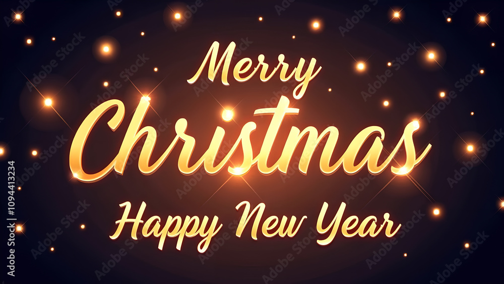 Obraz premium Merry Christmas and Happy New Year Golden Text Design. Concept of celebration, winter holidays, and festive season.